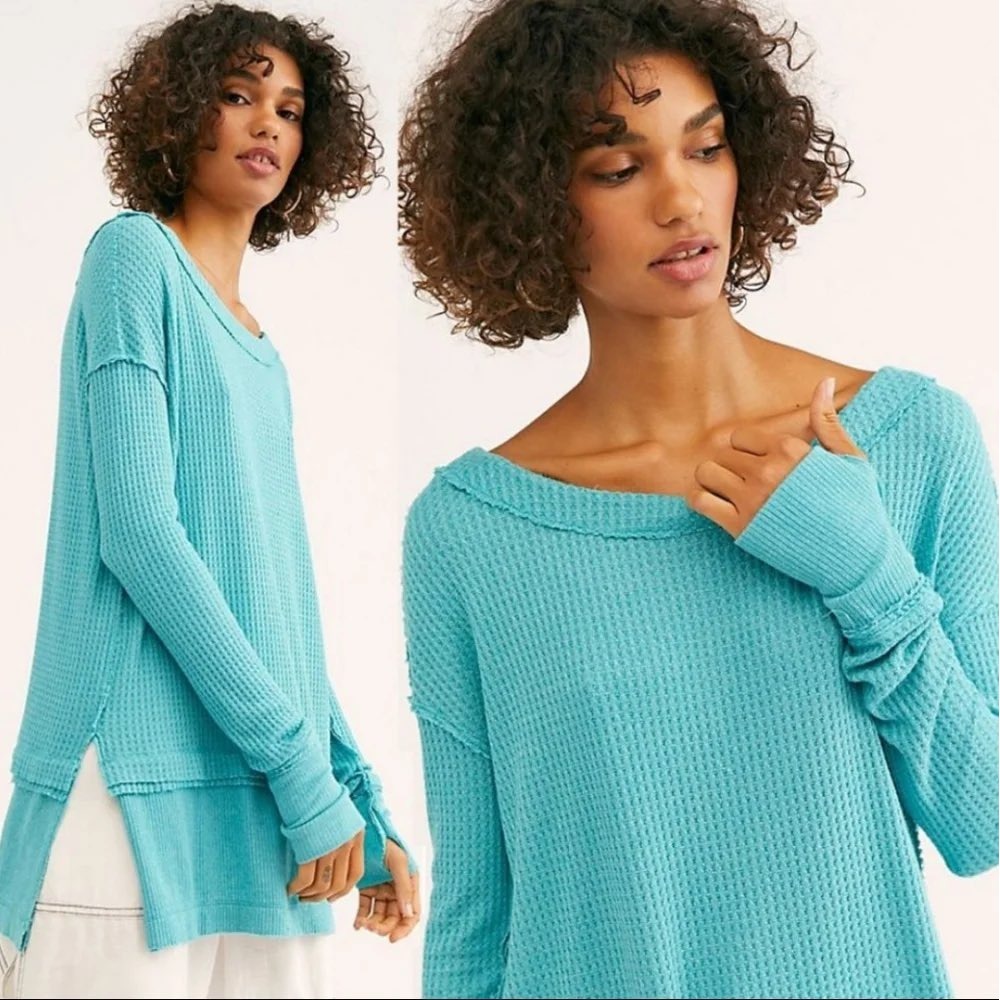 We The Free Free People Waffle Knit Thermal Top Turquoise Blue Medium Thumbhole